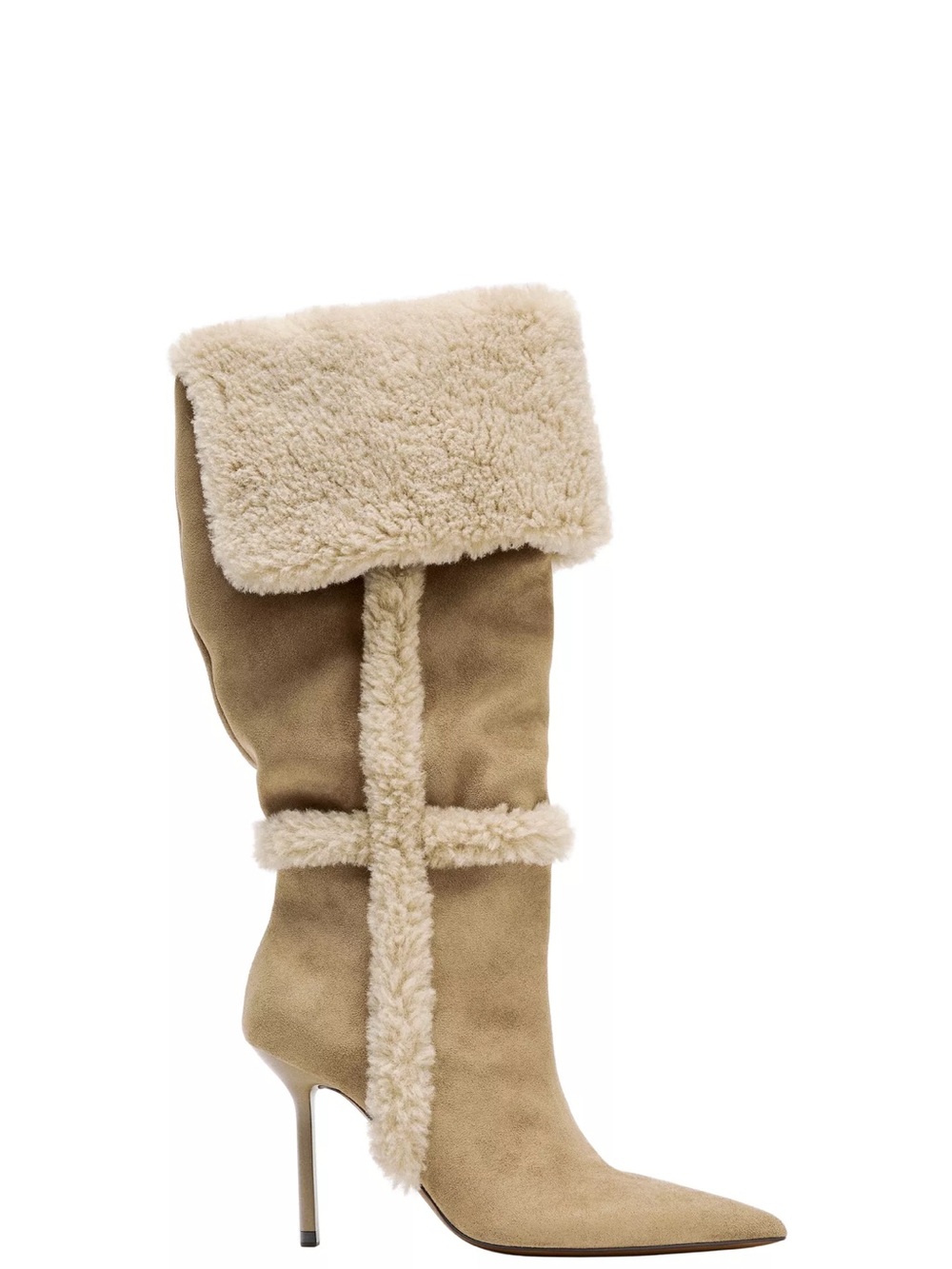 Zara Tan Suede Knee-High Shearling Trim Stiletto Boot